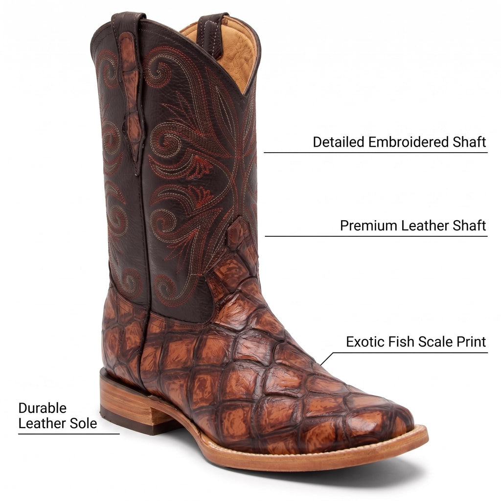 Leather Pirarucu Fish Print Western Boots S839496
