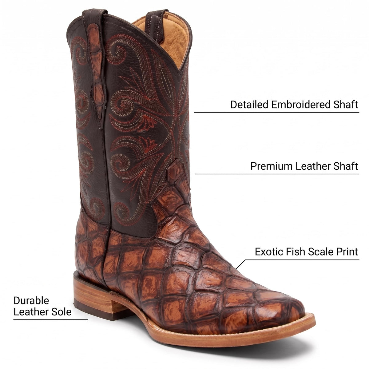 Leather Pirarucu Fish Print Western Boots S839496