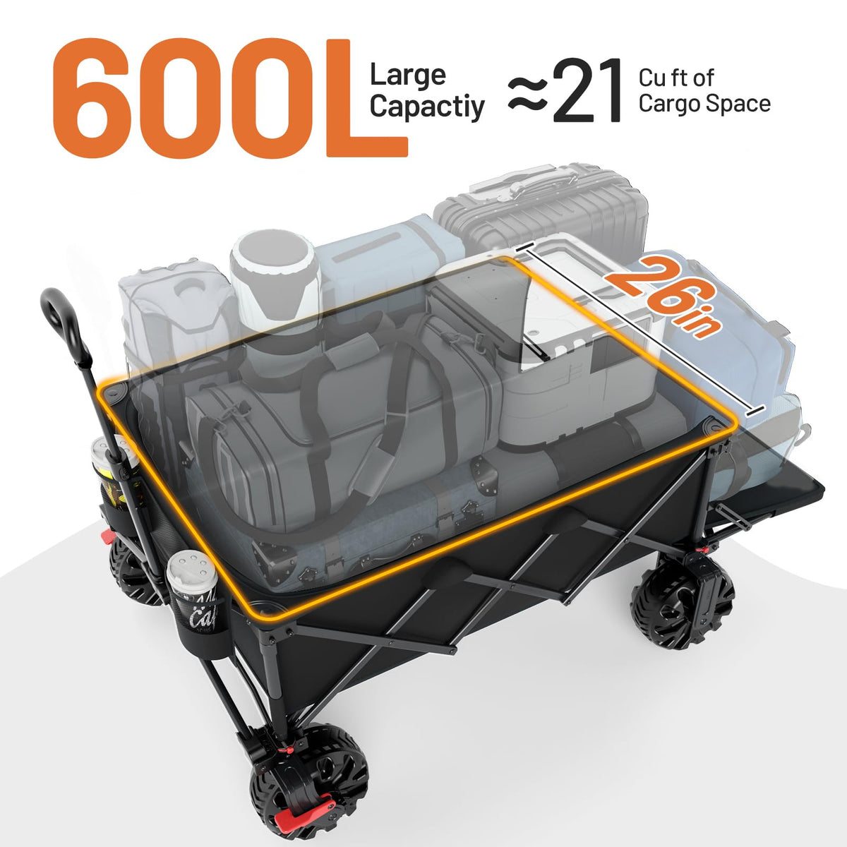 26" Extra Wide All Terrain Folding Wagon with Big Wheels, Cargo Net & Tailgate, 400lbs Heavy Duty Collapsible Cart, Black A135158