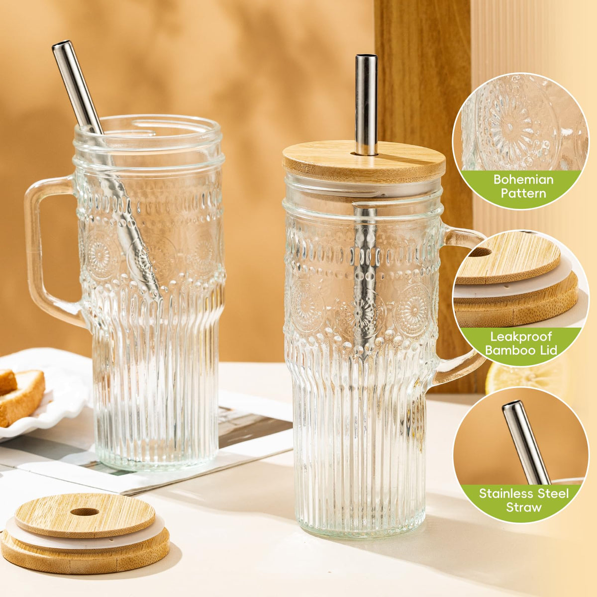 24 oz Glass Tumbler with Bamboo Lid and Handle R752