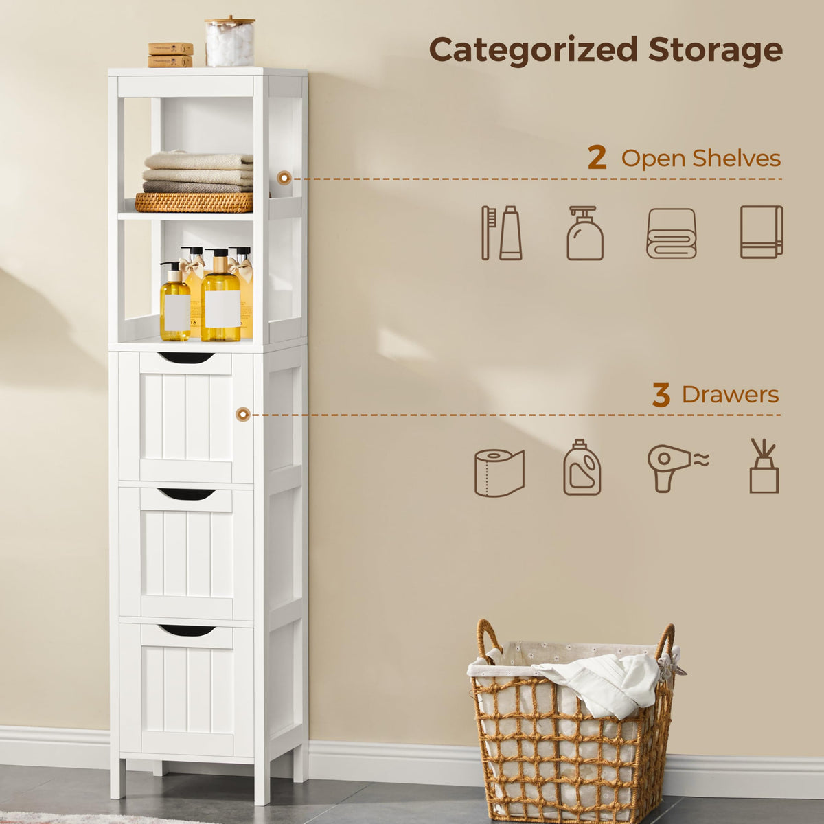 56" Tall Narrow White Bathroom Storage Cabinet with 3 Drawers Z394551
