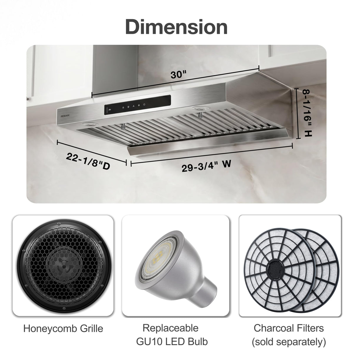 30 Inch 1000 CFM Under Cabinet Ducted Stainless Steel Range Hood O8654