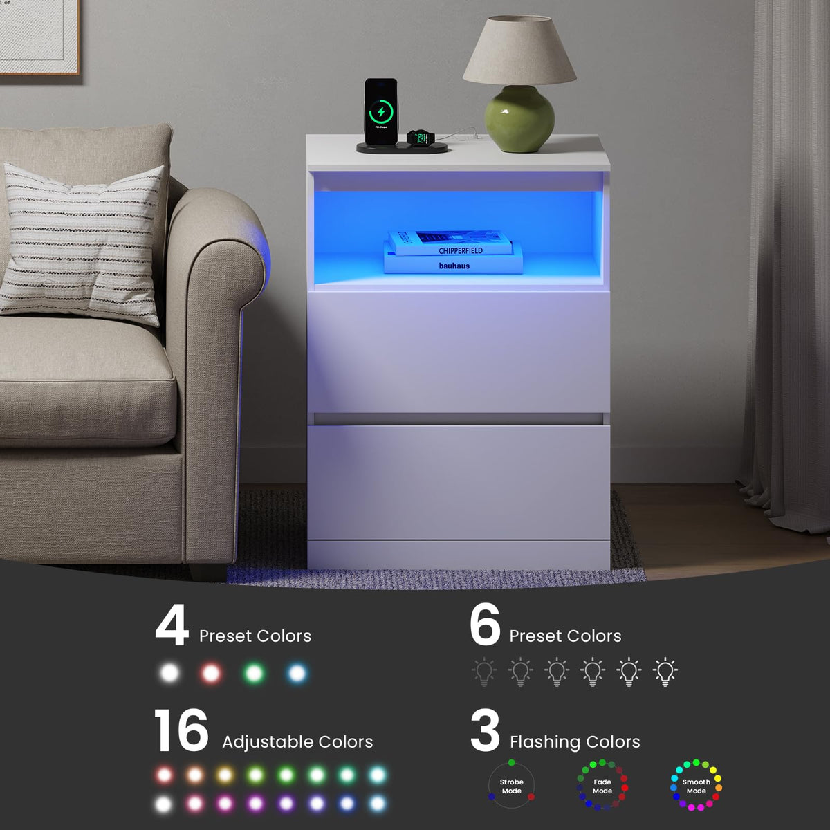 White Nightstand with Charging Station and Hidden Drawer Q583