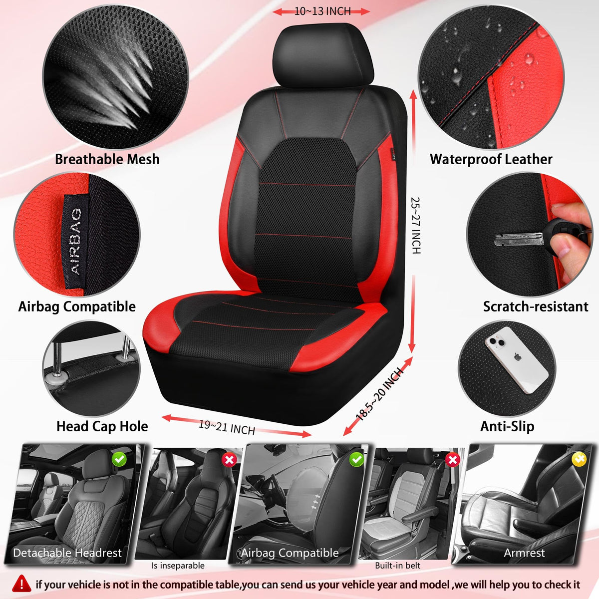 Universal Leather Car Seat Covers Full Set Black Red T290741