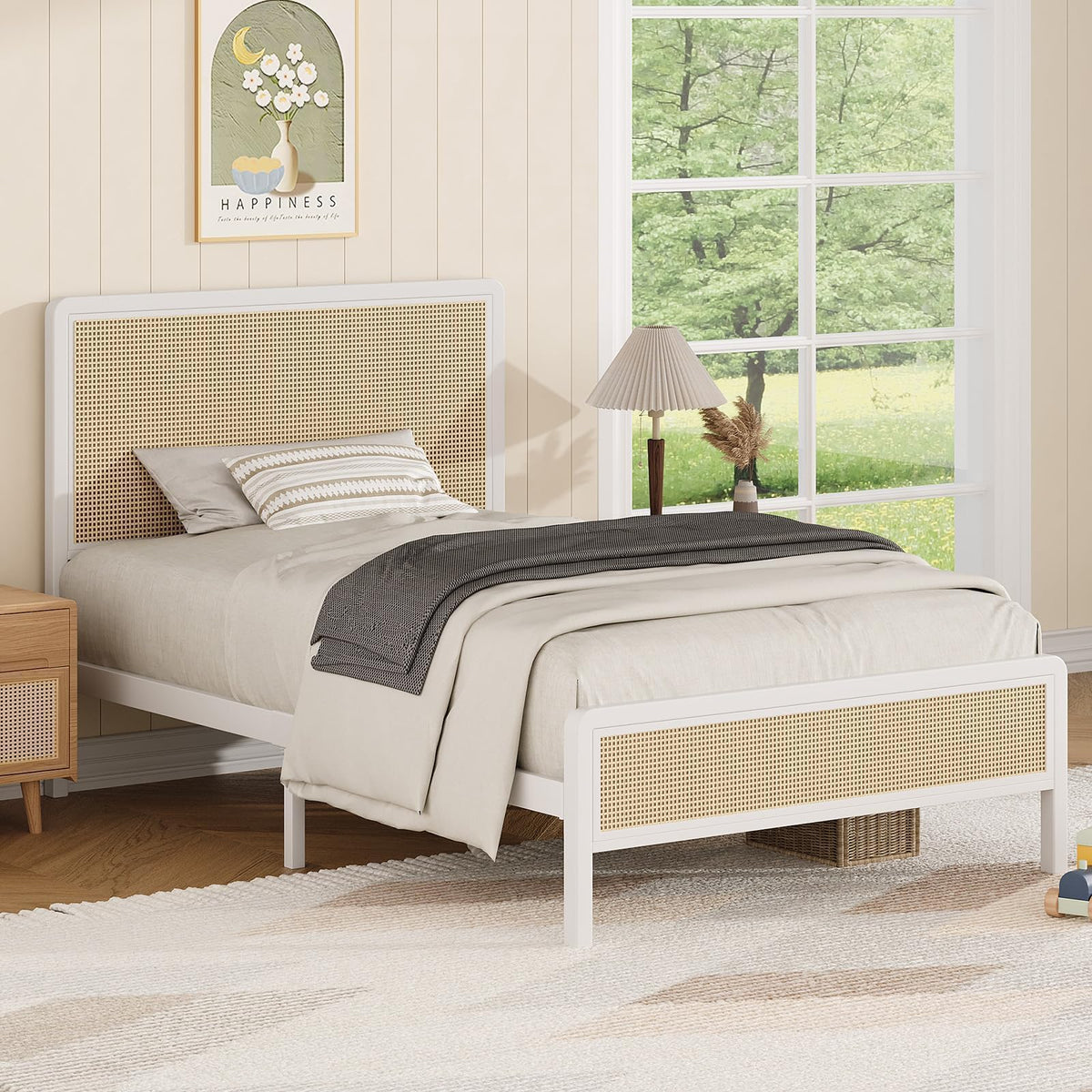 White Rattan Twin Bed Frame with Headboard U43292