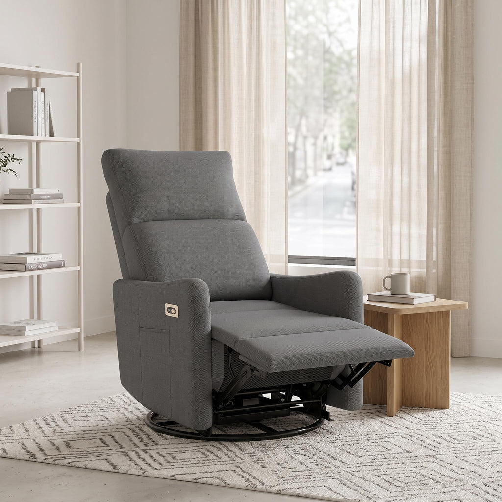 Light Brown Rubberwood Dark Gray Velvet Swivel Rocker Recliner Chair O6949