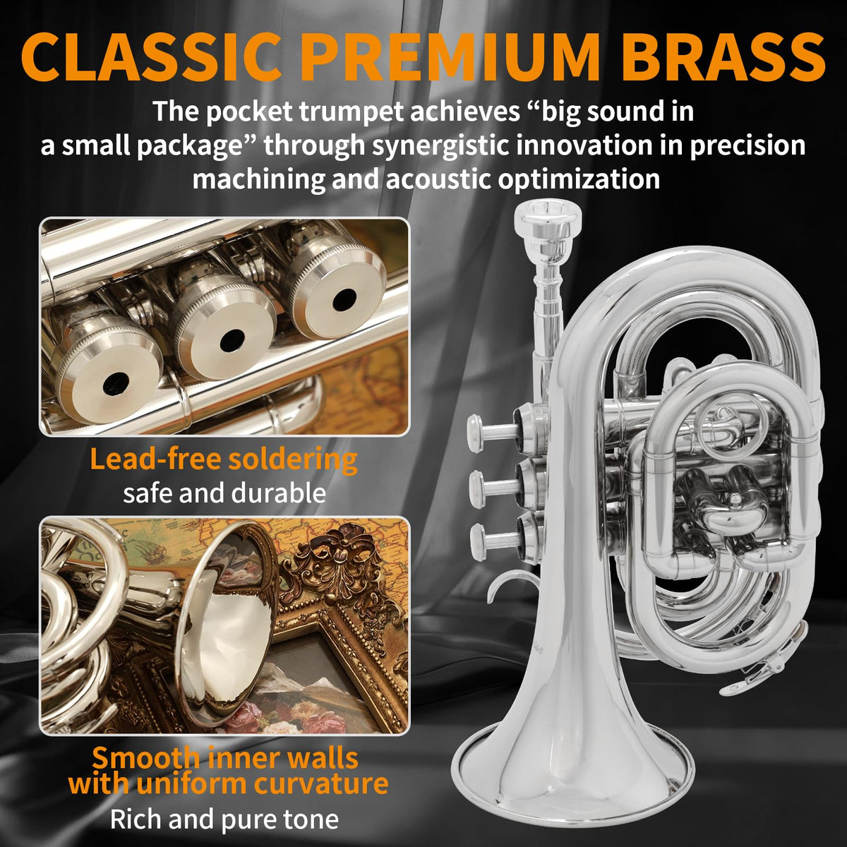 Bb Portable Pocket Trumpet with Case, 7C Mouthpiece and Cleaning Kit N914