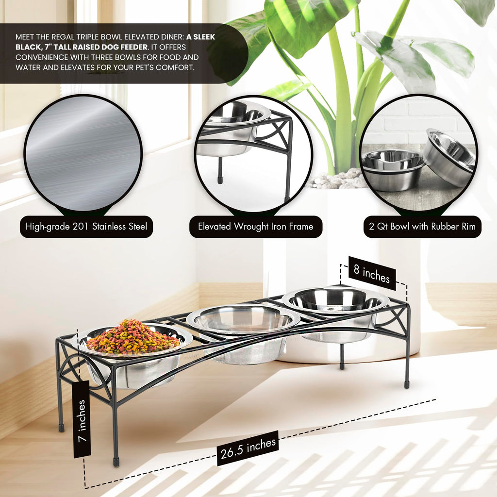 Black Triple Bowl Dog and Cat Feeder Stand with 3-2 Qt Stainless Bowls P557