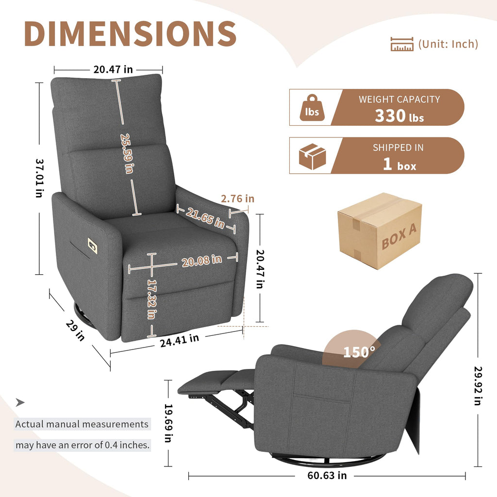 Light Brown Rubberwood Dark Gray Velvet Swivel Rocker Recliner Chair O6949