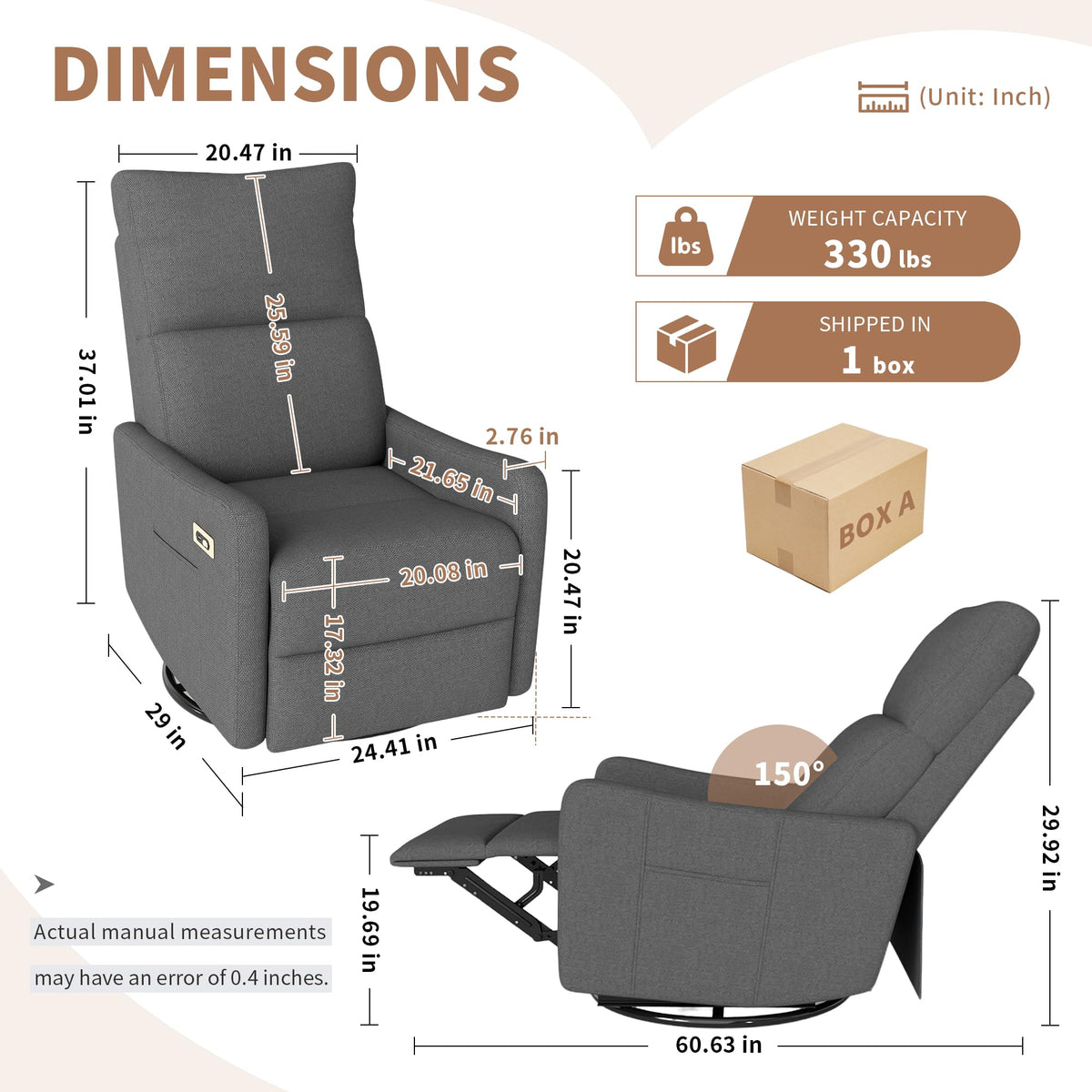Light Brown Rubberwood Dark Gray Velvet Swivel Rocker Recliner Chair O6949