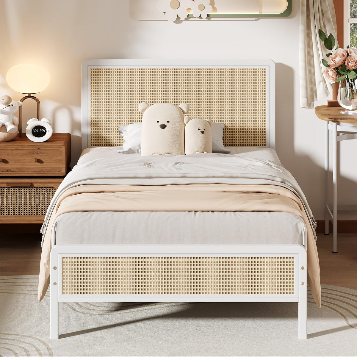 White Rattan Twin Bed Frame with Headboard U43292