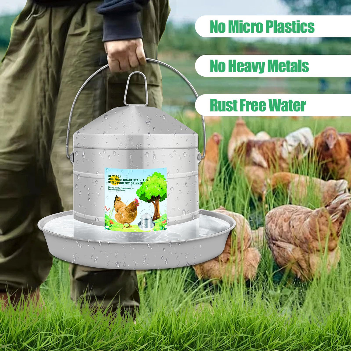 304 Food Grade Stainless Steel Automatic Chicken Waterer 8L/2.1Gal X8280