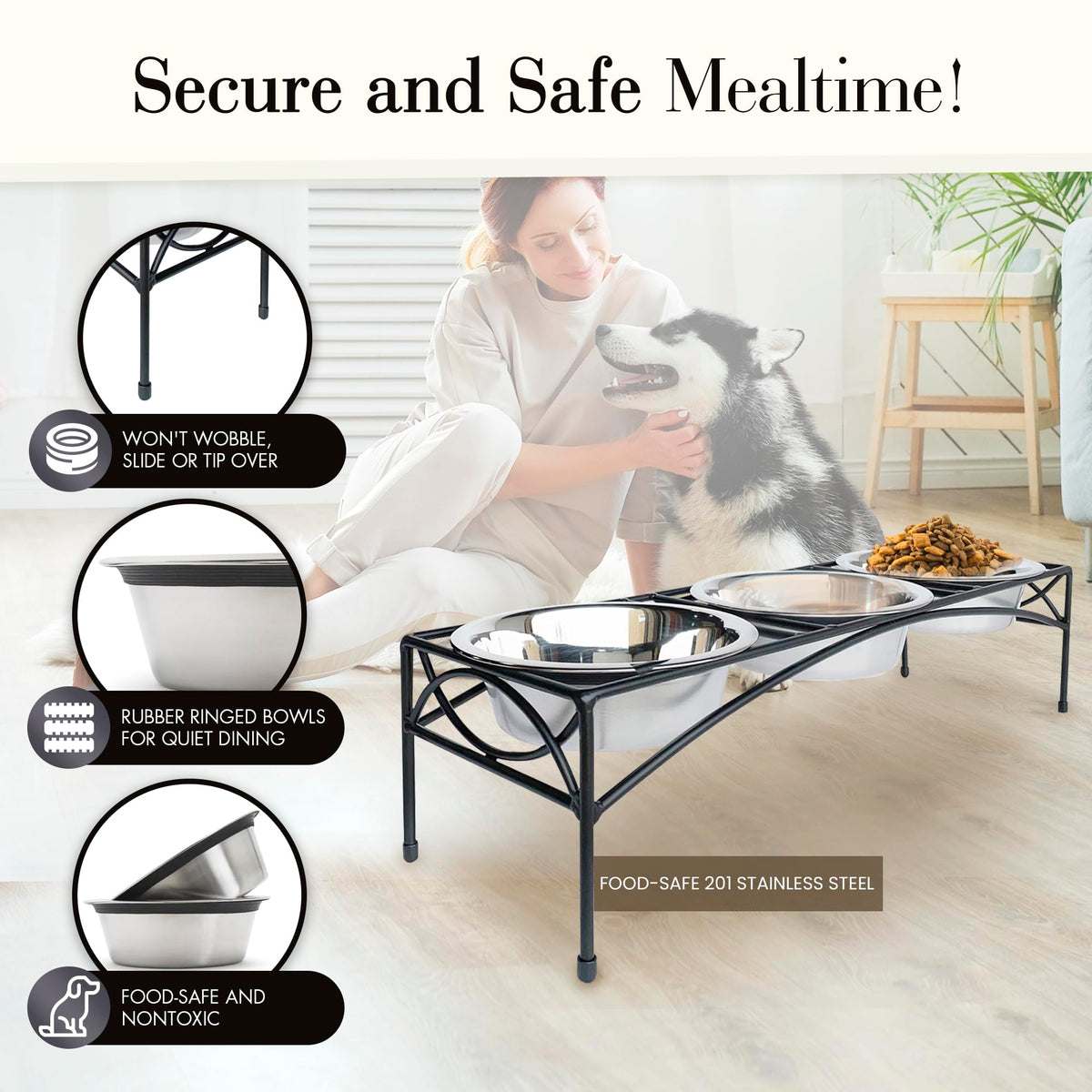 Black Triple Bowl Dog and Cat Feeder Stand with 3-2 Qt Stainless Bowls P557