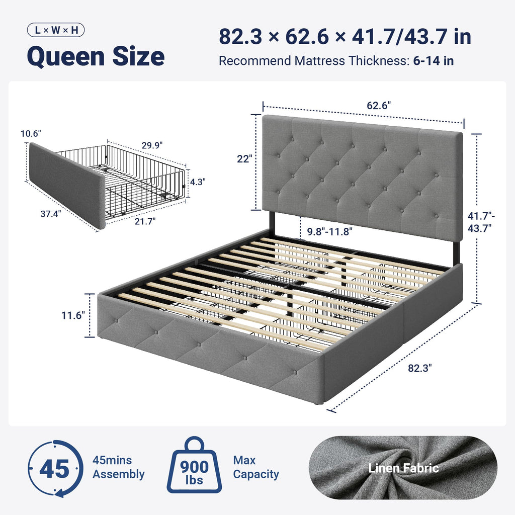 Queen Size Light Grey Upholstered Storage Bed Frame with 4 Drawers I864