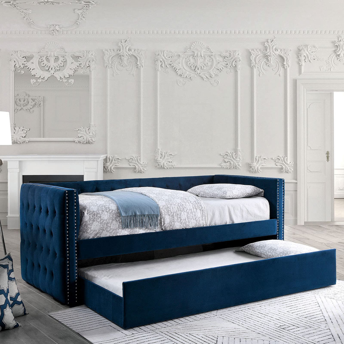 Navy Daybed with Trundle Button Tufted Upholstery F967