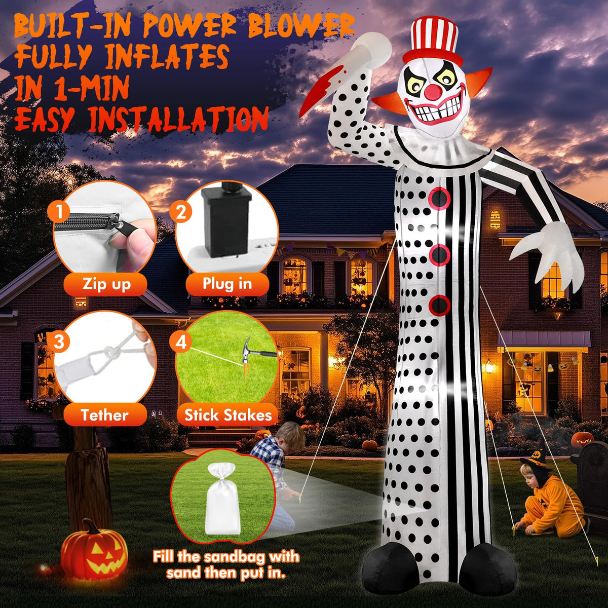 12Ft Halloween Inflatable Creepy Clown with LED Light I21218