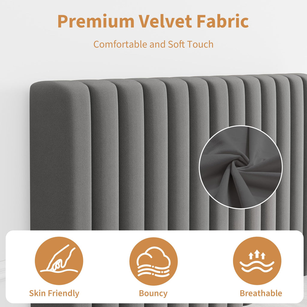 Twin Velvet Upholstered Platform Bed with Adjustable Headboard Y61057