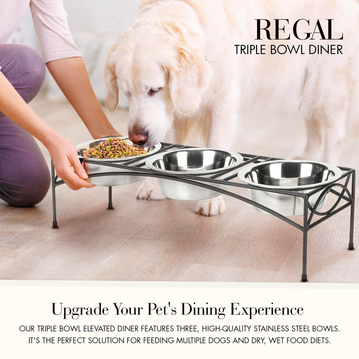 Black Triple Bowl Dog and Cat Feeder Stand with 3-2 Qt Stainless Bowls P557