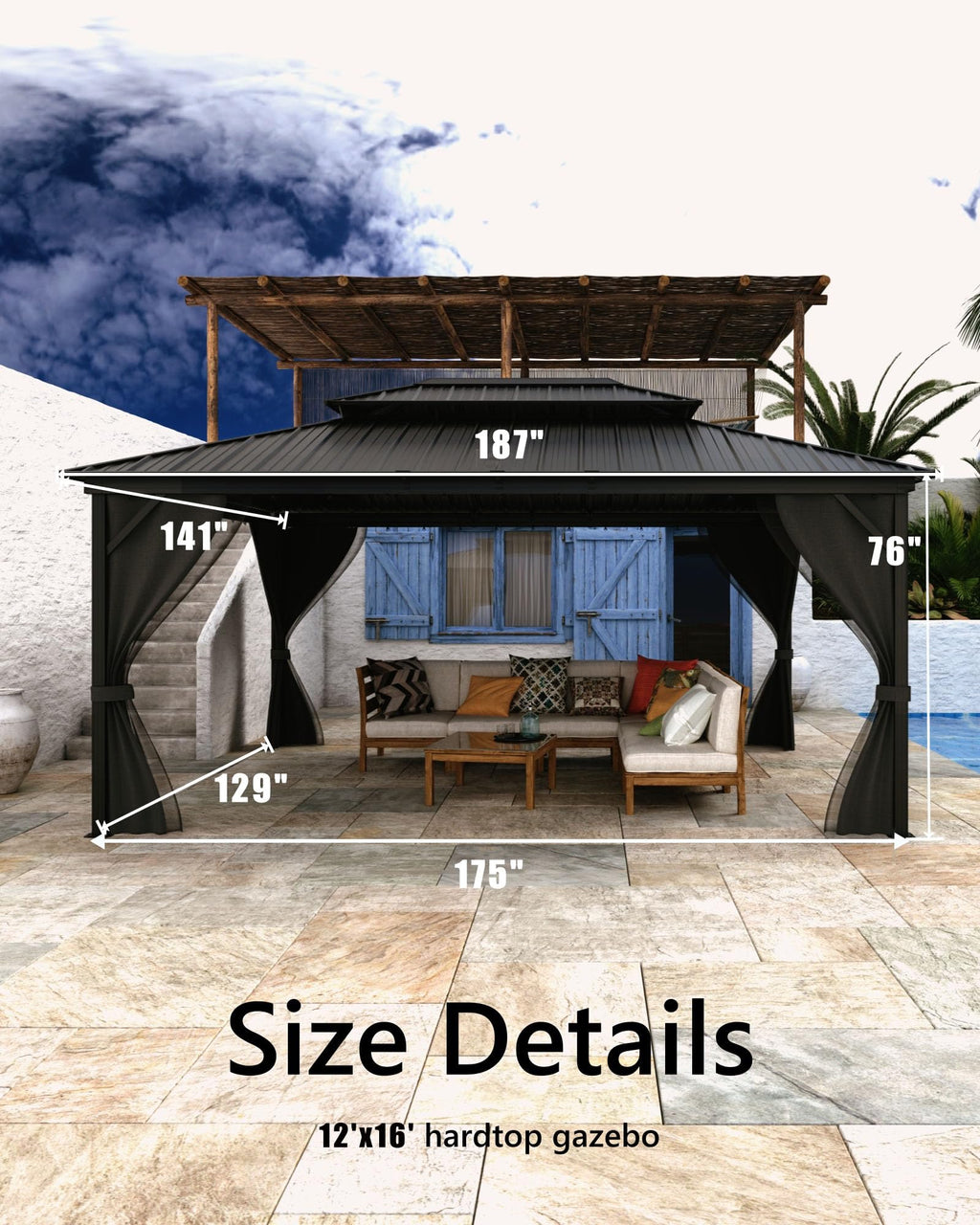 Hardtop Gazebo 12x16 ft with Double Metal Roof, Net, and Curtain J351636
