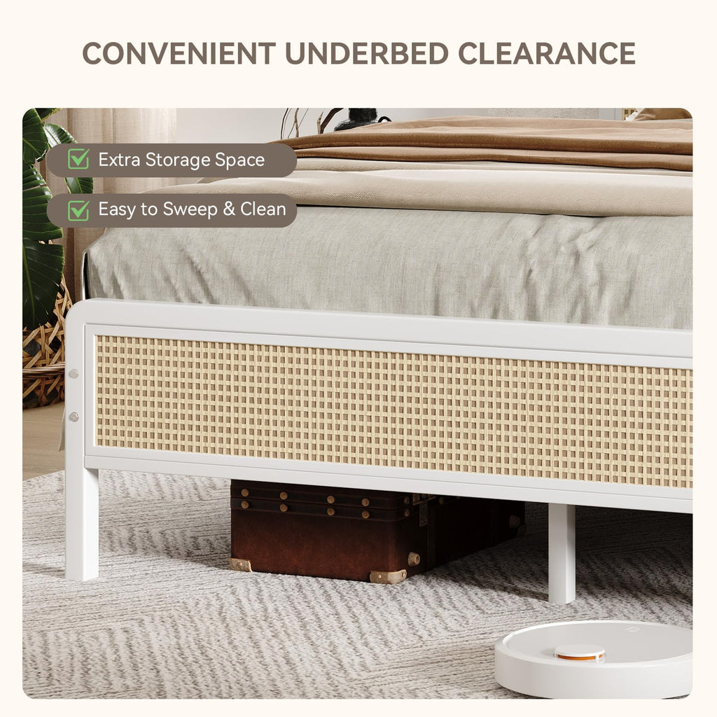 White Rattan Twin Bed Frame with Headboard U43292