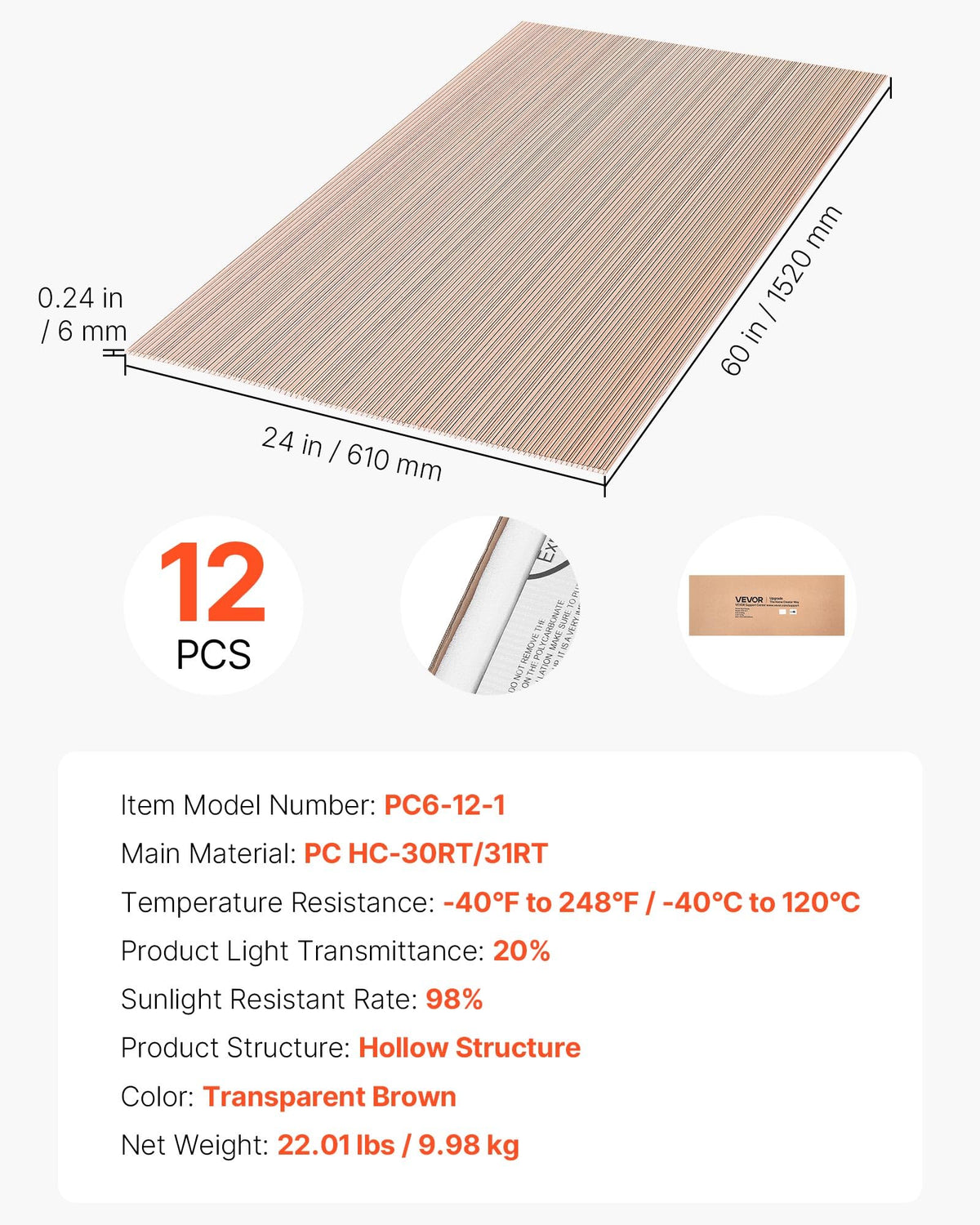 12Pcs Polycarbonate Roofing Panels Double Layer R5763
