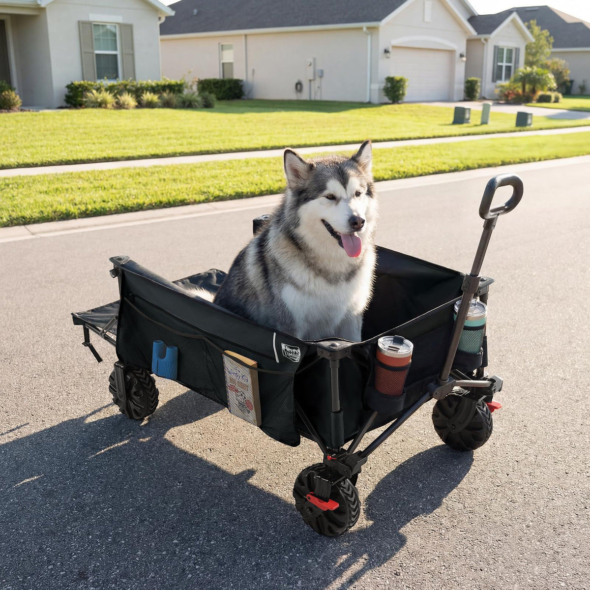 26" Extra Wide All Terrain Folding Wagon with Big Wheels, Cargo Net & Tailgate, 400lbs Heavy Duty Collapsible Cart, Black A135158