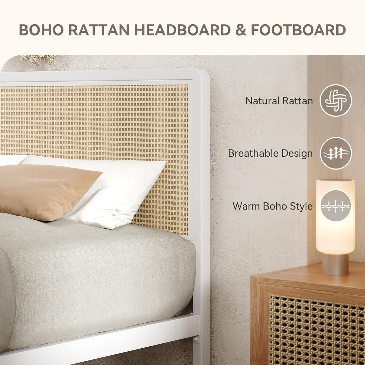 White Rattan Twin Bed Frame with Headboard U43292
