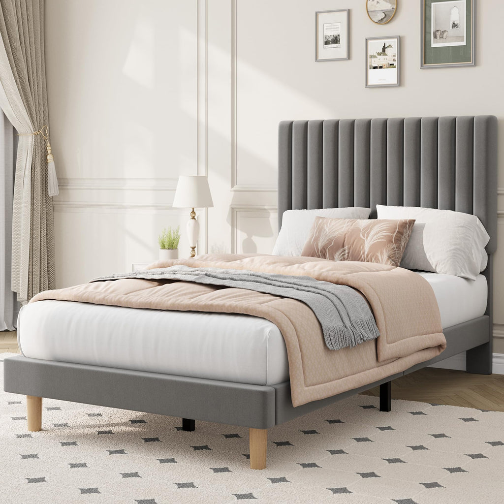 Twin Velvet Upholstered Platform Bed with Adjustable Headboard Y61057