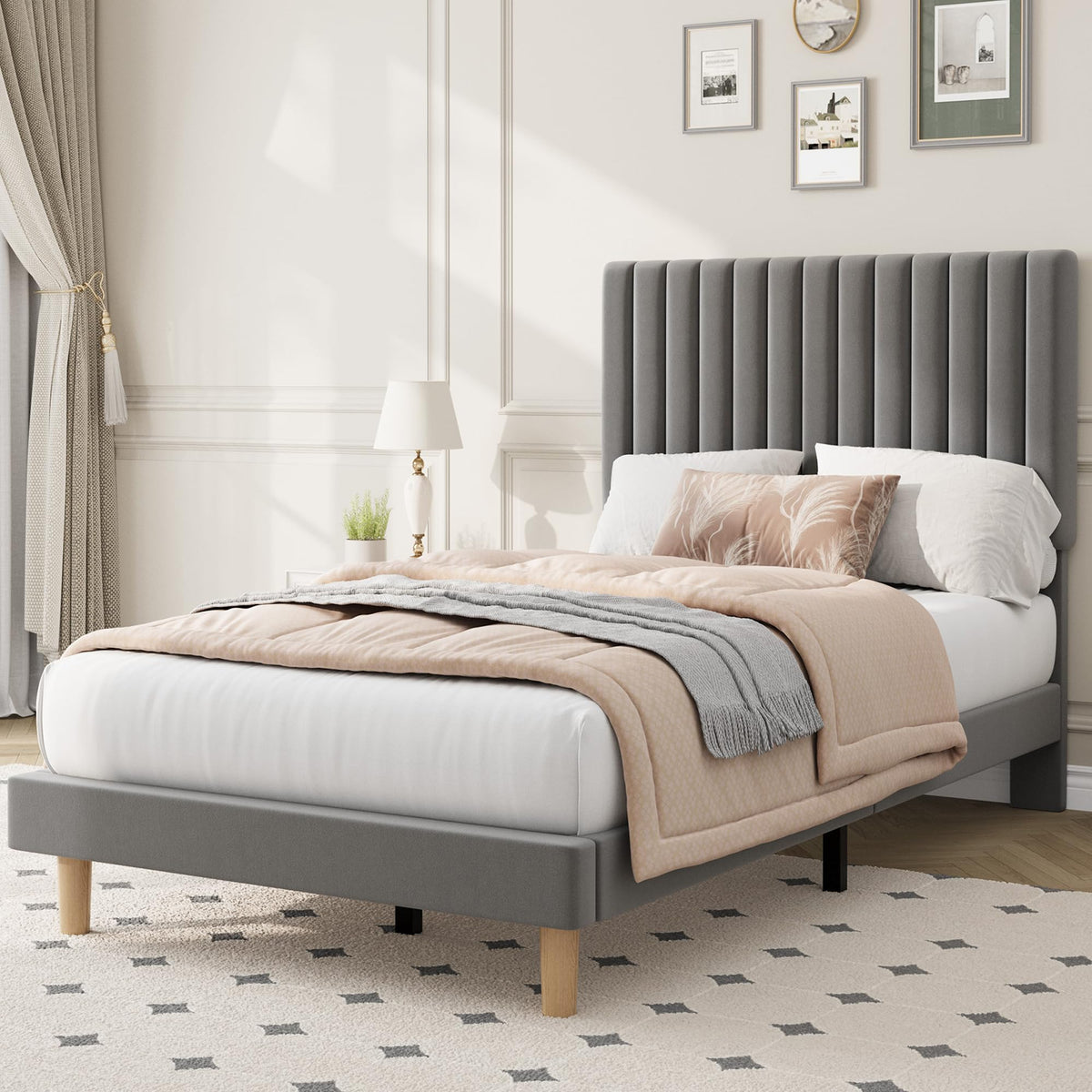 Twin Velvet Upholstered Platform Bed with Adjustable Headboard Y61057