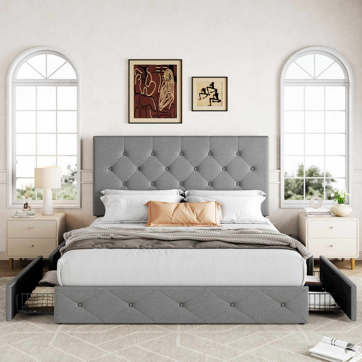 Queen Size Light Grey Upholstered Storage Bed Frame with 4 Drawers I864