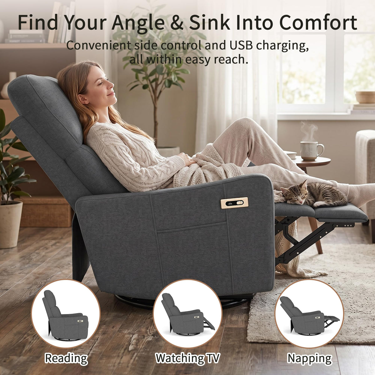 Light Brown Rubberwood Dark Gray Velvet Swivel Rocker Recliner Chair O6949