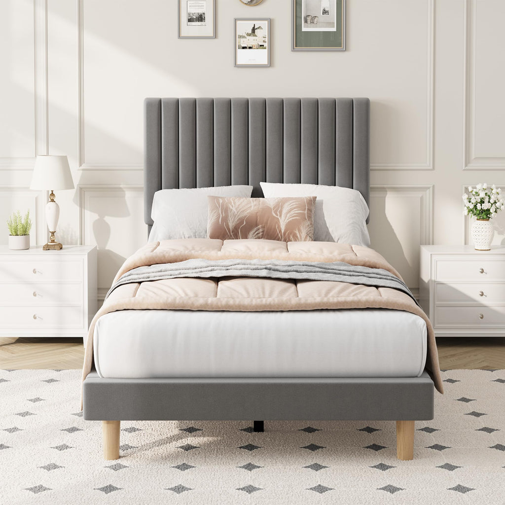 Twin Velvet Upholstered Platform Bed with Adjustable Headboard Y61057