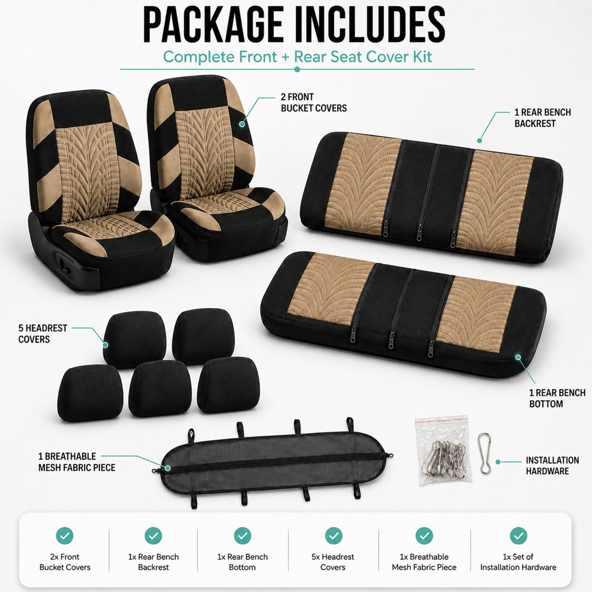 Beige Cloth Car Seat Covers Full Set F65474