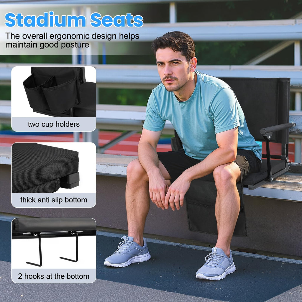 2 Pcs Black Stadium Seats with Back Support and Cushion D532