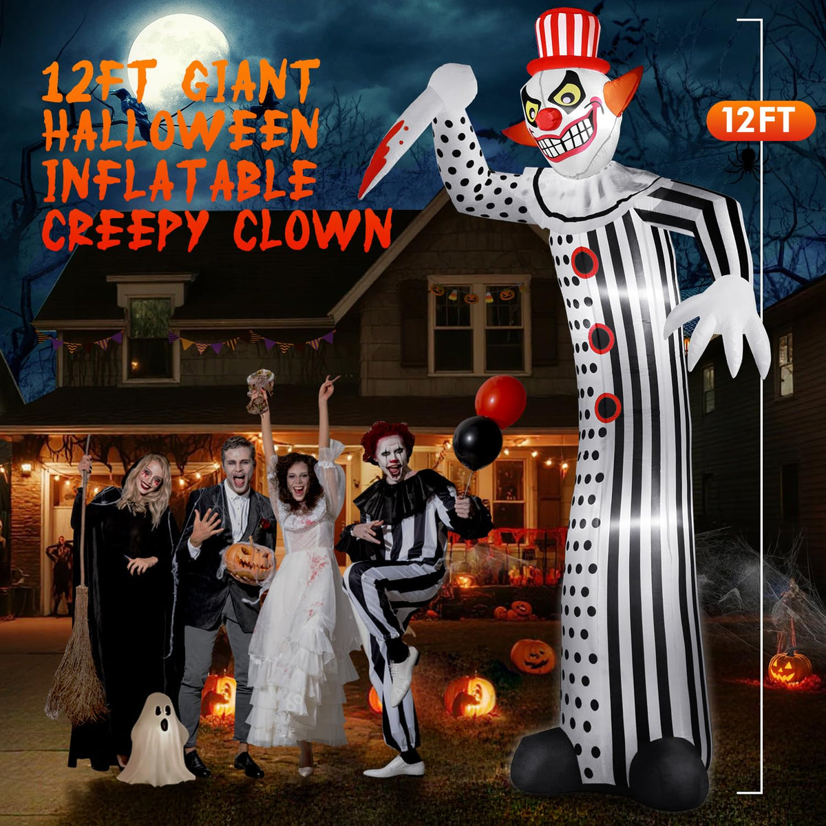 12Ft Halloween Inflatable Creepy Clown with LED Light I21218