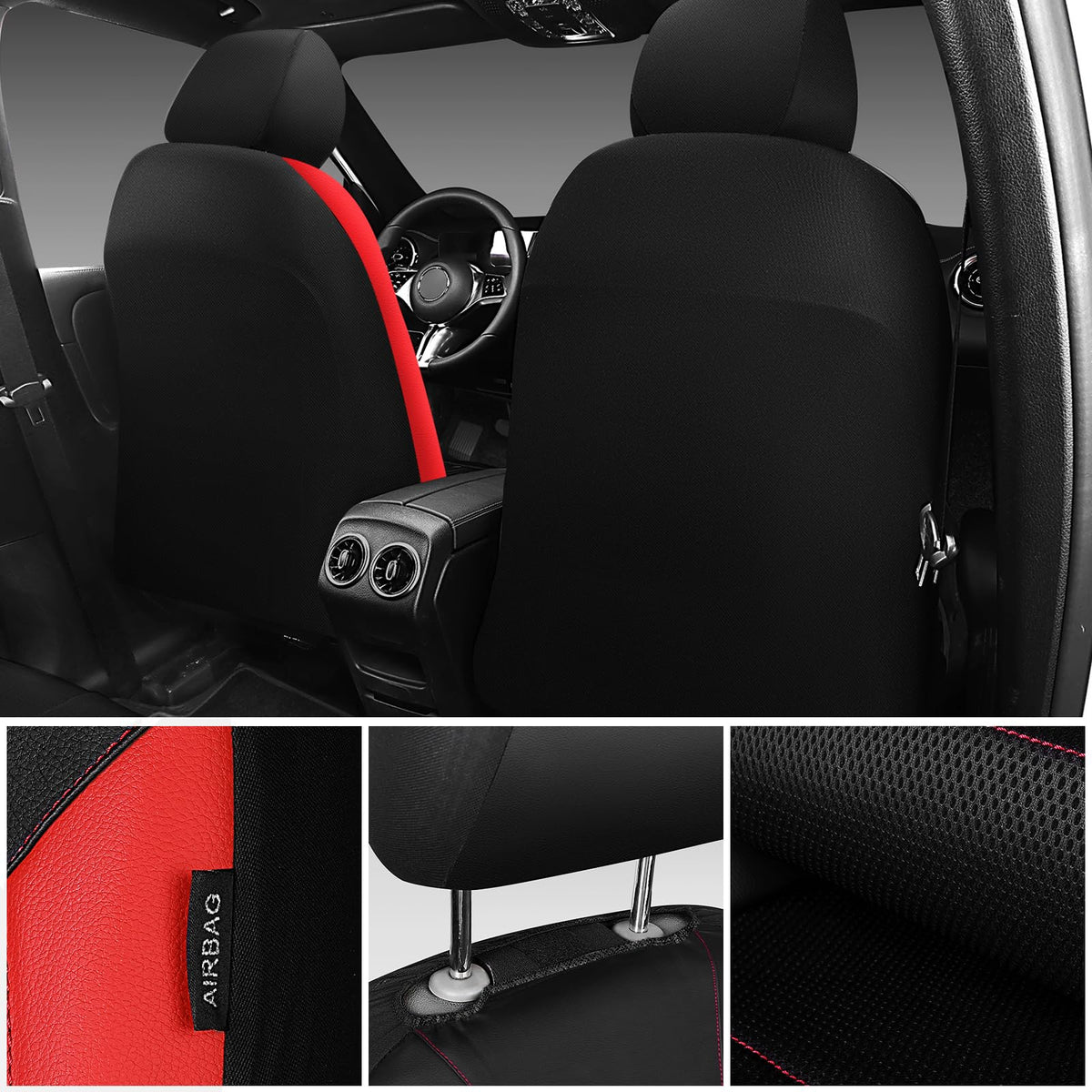 Universal Leather Car Seat Covers Full Set Black Red T290741
