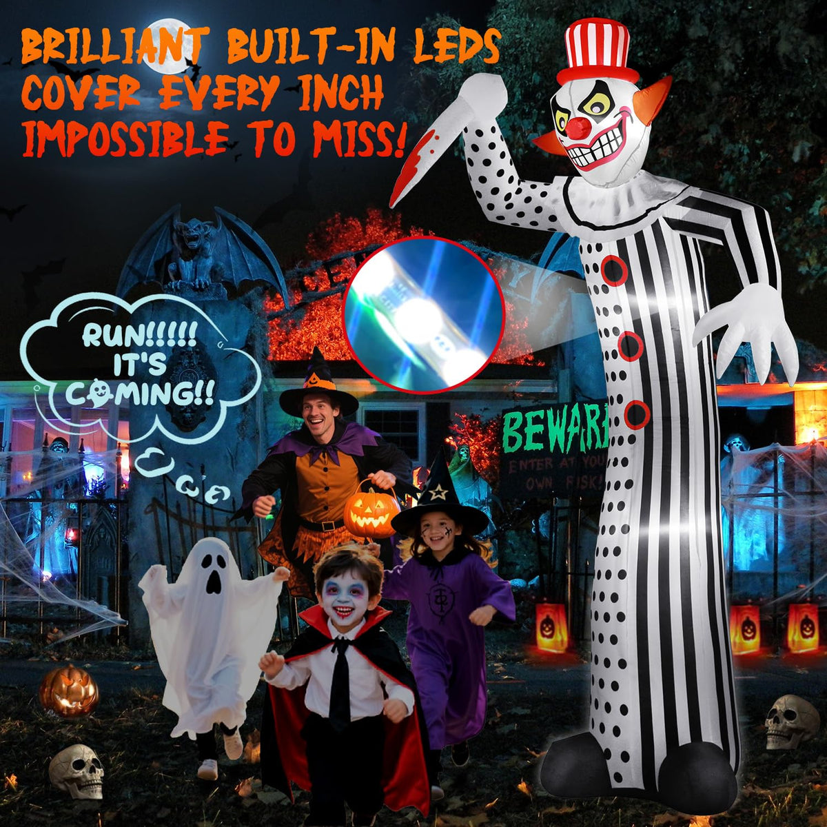 12Ft Halloween Inflatable Creepy Clown with LED Light I21218