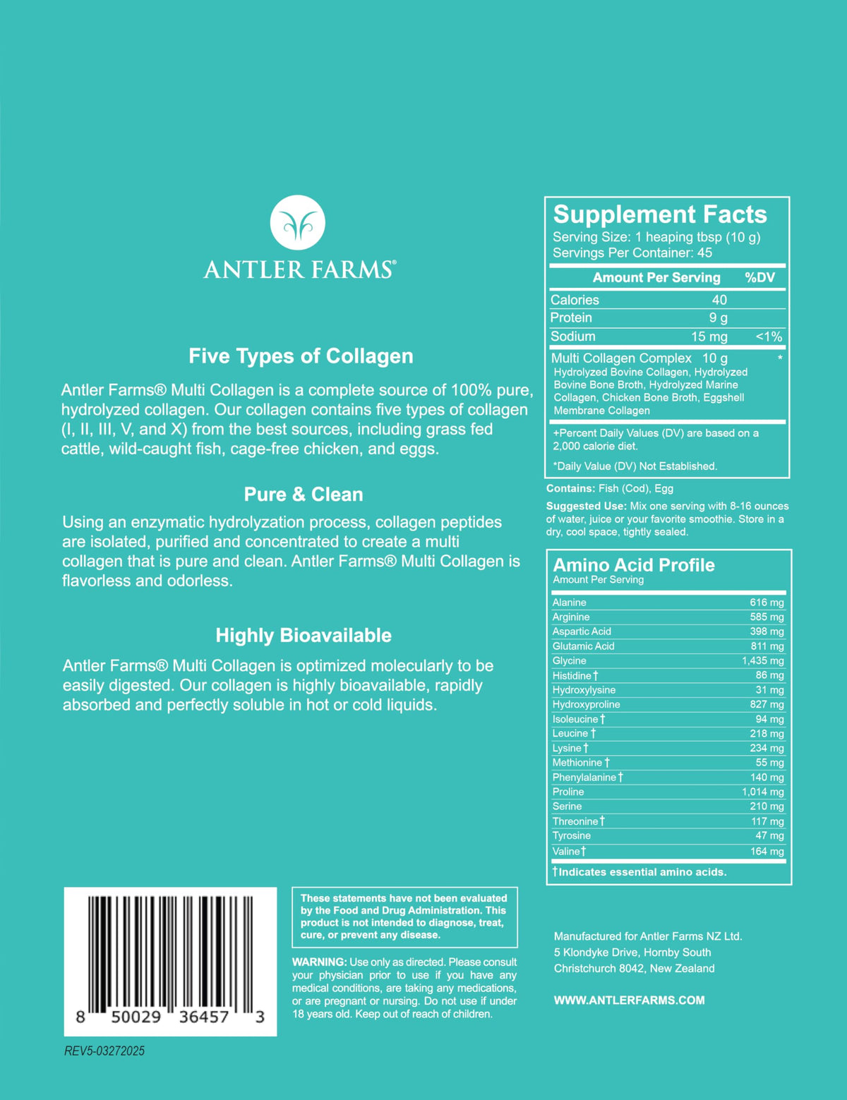Multi Collagen Protein Powder 5 Types Unflavored 1 lb K555897