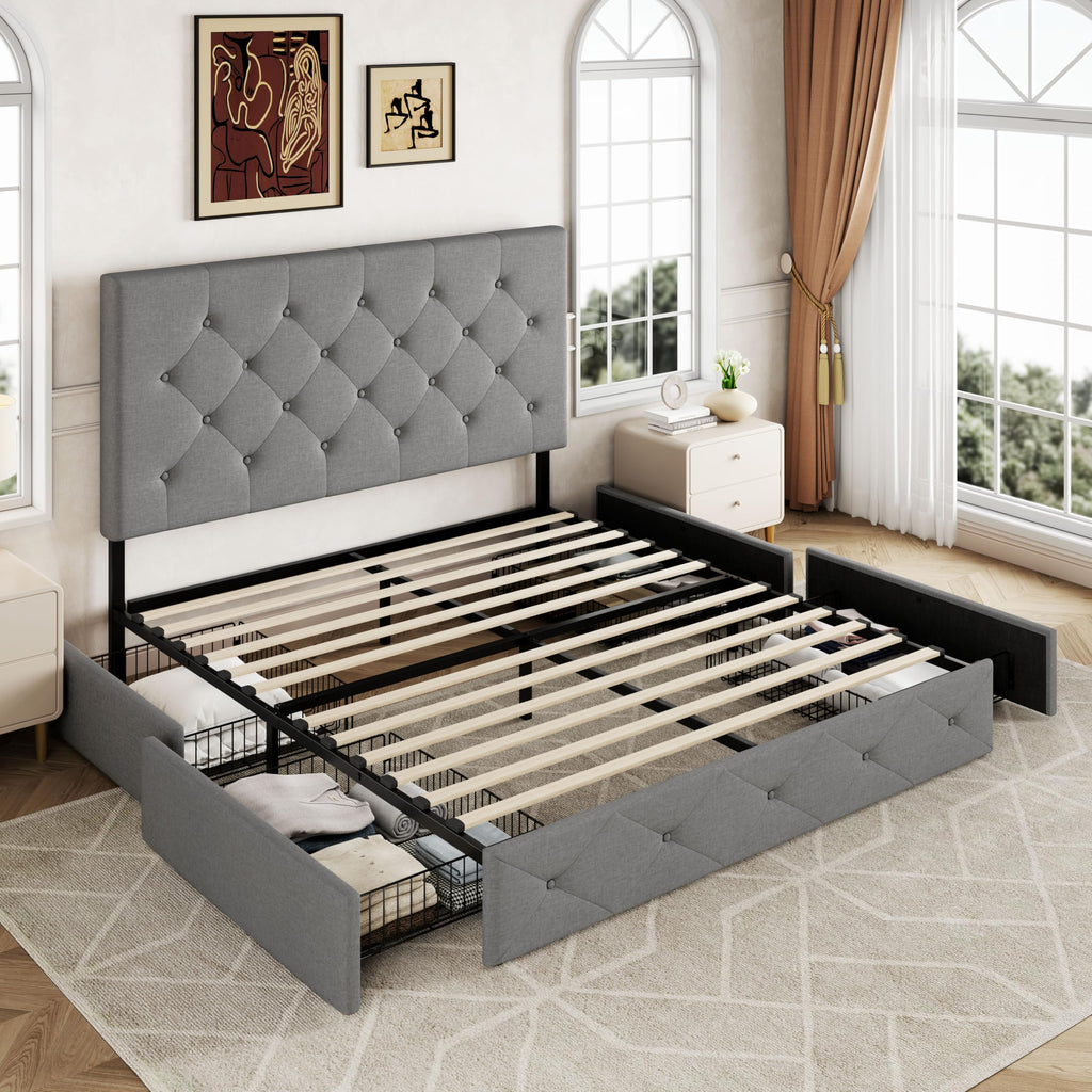 Queen Size Light Grey Upholstered Storage Bed Frame with 4 Drawers I864