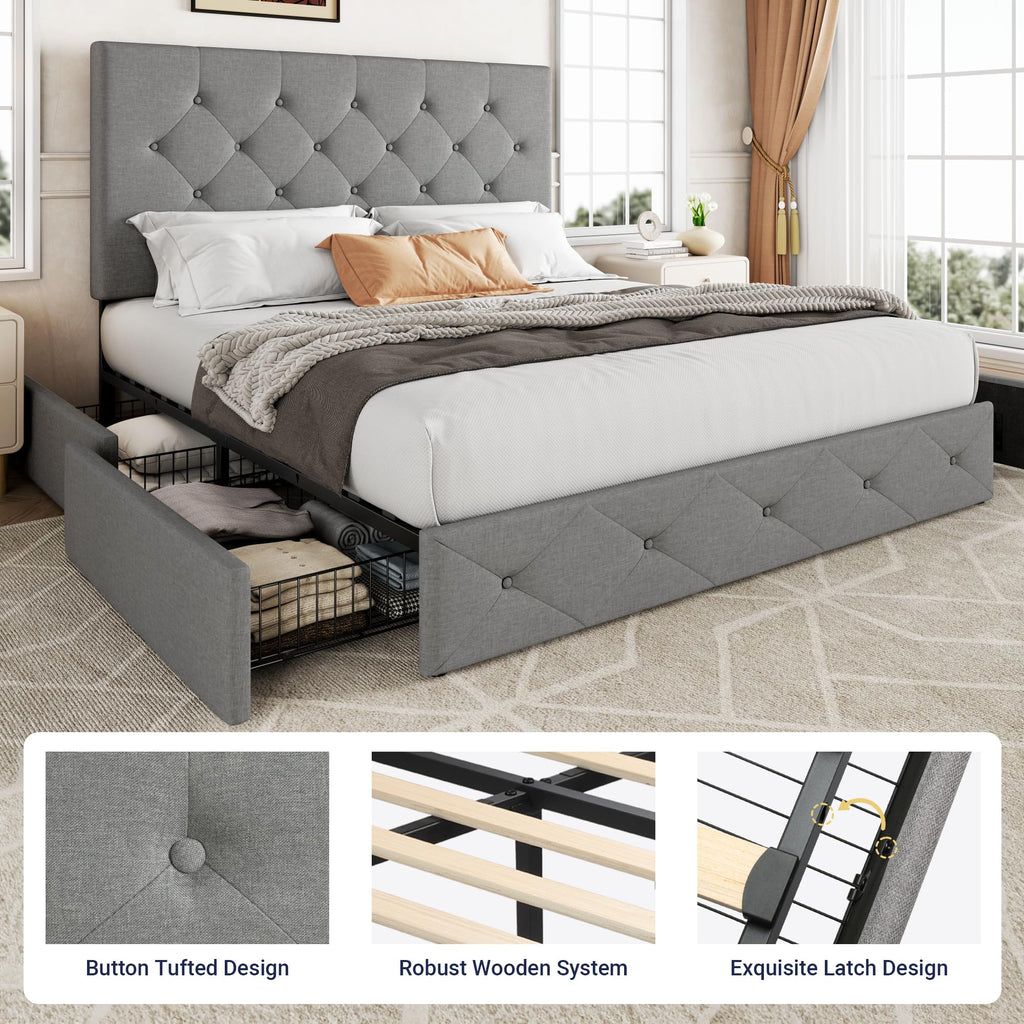 Queen Size Light Grey Upholstered Storage Bed Frame with 4 Drawers I864