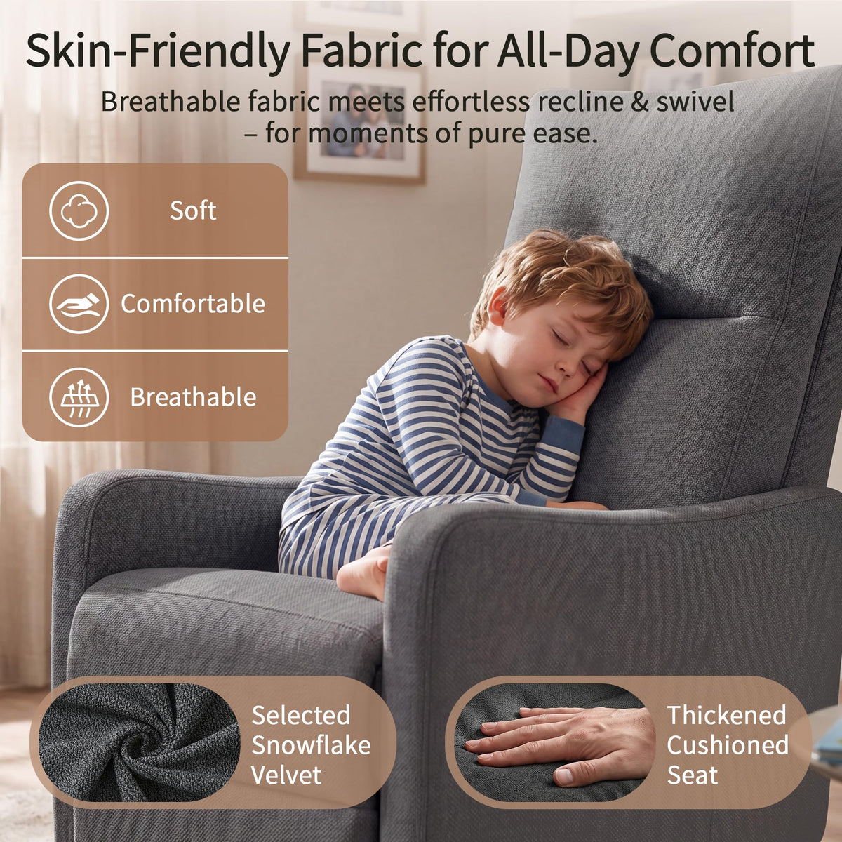 Light Brown Rubberwood Dark Gray Velvet Swivel Rocker Recliner Chair O6949