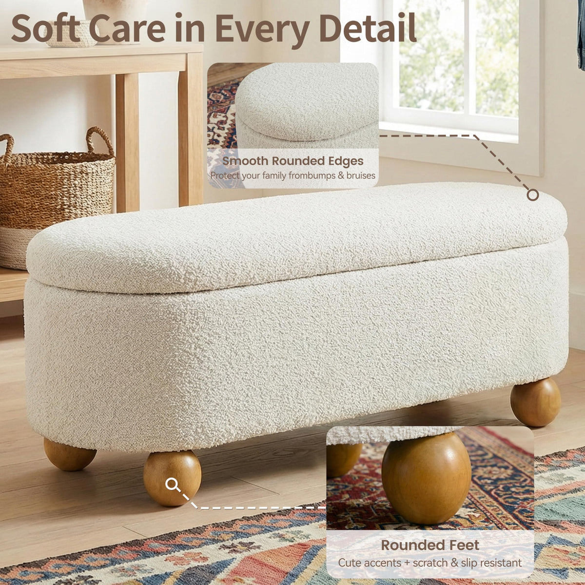 44.8" Beige Storage Ottoman Bench with Hinge T124