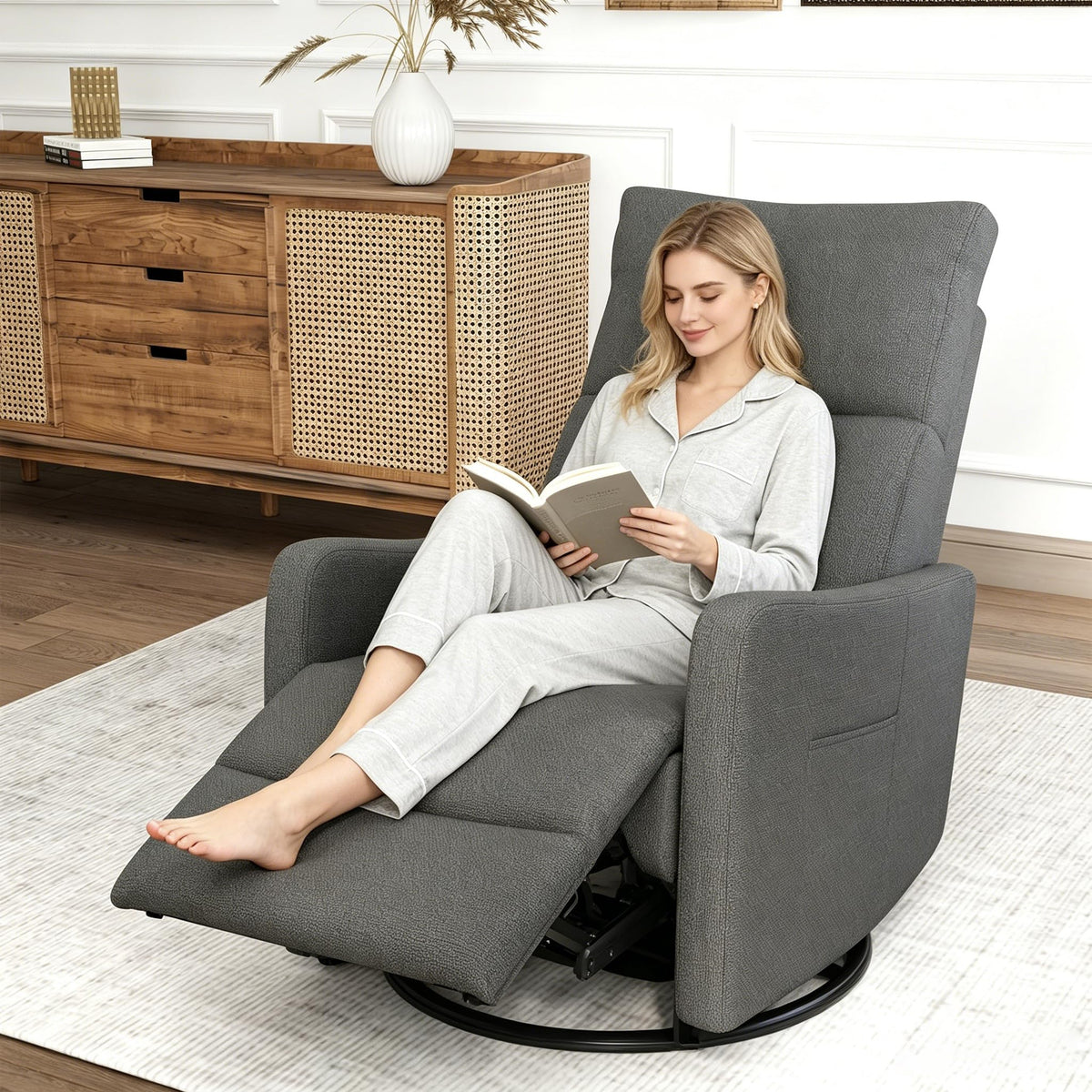 Light Brown Rubberwood Dark Gray Velvet Swivel Rocker Recliner Chair O6949