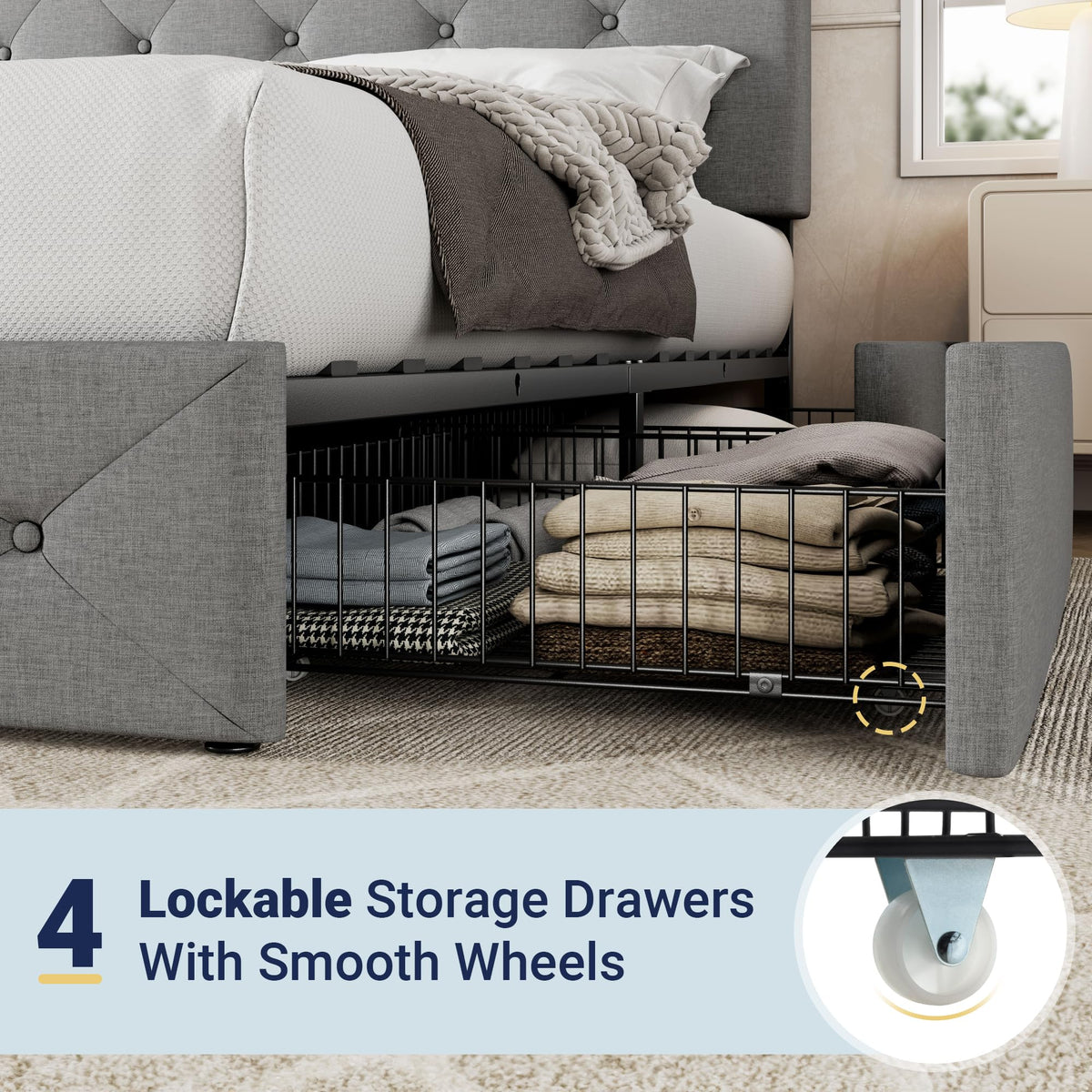 Queen Size Light Grey Upholstered Storage Bed Frame with 4 Drawers I864
